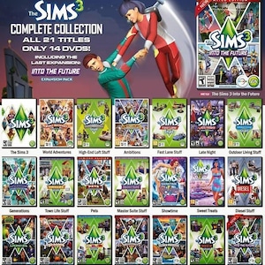 May include: The Sims 3 Complete Collection featuring 21 titles on 14 DVDs, including the Into the Future expansion pack. The image displays the game box art for the base game and various expansion and stuff packs, with a character illustration.
