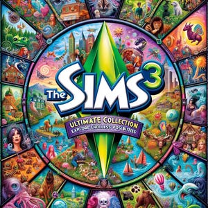 May include: The Sims 3 Ultimate Collection video game cover art featuring a large green plumbob icon in the centre with the text The Sims 3 Ultimate Collection Explore Endless Posibilities surrounded by a circular collage of colourful illustrations.