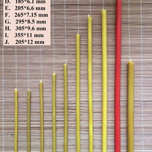 May include: Ten candles of varying lengths and colors, arranged from shortest to tallest. The candles are all yellow except for the tallest one, which is red. The candles are labeled with letters A through J and their dimensions in millimeters.