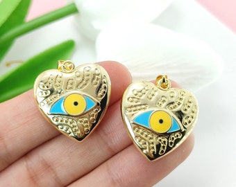 Gold gefüllt 3D Herz Evil Eye Anhänger für DIY Halskette machen Lieferungen, Schutz Evil Eye DIY Schmuck Zubehör, DIY Geschenke, freie Kette