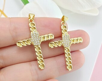 Gold gefüllter Kreuzanhänger für DIY-Halskettenherstellungsbefunde, Hamsa-Handkreuzanhänger DIY-Jewleyherstellungszubehör, christlich-religiöse Geschenke
