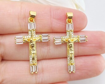 Gold Filled Cubic Micro Pave Baguette Kruzifix Anhänger, DIY Jesus Kreuz Halskette, die Versorgung, religiöse Halskette Anhänger DIY Erkenntnisse