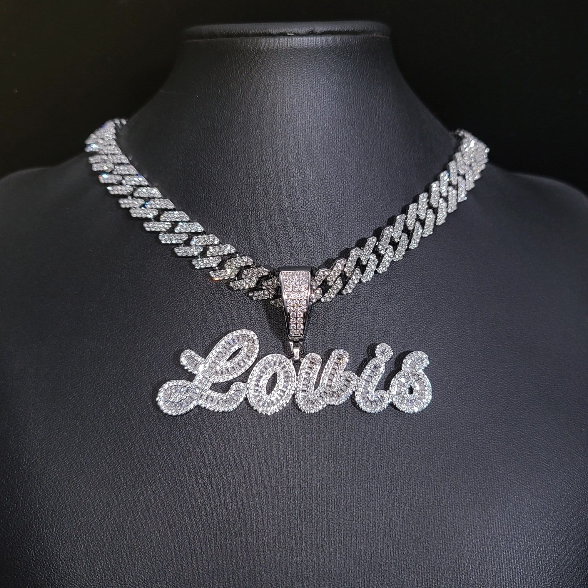 Diamond script shop name necklace