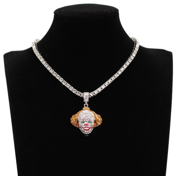 Collier de clown bling avec chaîne de tennis, bijoux pendentif clown, collier pendentif joker, collier de charme clown, cadeau de bijoux hip hop pour lui