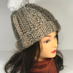 Women Winter Hat, Crochet Hat, Cuffed Beanie, Pom-Pom hat, Chunky Style