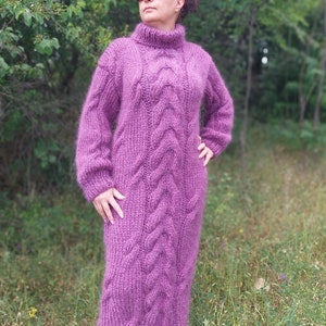 Mohair Kleid Handgefertigte Dicke und grobstrick Pullover Rollkragen Zopfmuster Pullover Kleid Lila