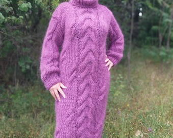 Mohair Dress Handmade Thick and Chunky Sweater Turtleneck Cable Knit Sweaterdress Purple