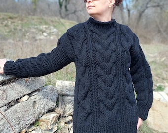 Wool Sweater Men Handmade with 3 Strands Thick Chunky Pullover Cable Knit