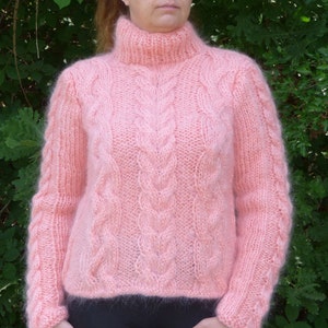 Mohair Sweater Cable Knit,Handmade Pullover Pink ,Soft and Fuzzy Jumper