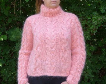 Mohair Sweater Cable Knit,Handmade Pullover Pink ,Soft and Fuzzy Jumper