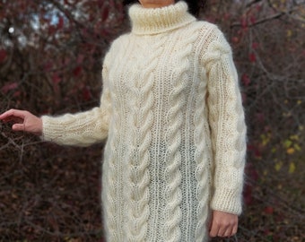 Mohair Sweater Thick and Chunky,Cable Hand Knit Dress,Fuzzy Pullover
