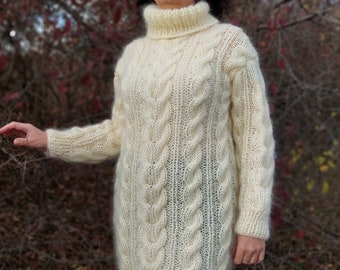 Mohair Sweater Thick and Chunky Cable Hand Knit Dress Turtleneck  Fuzzy Pullover Mohair Jumper