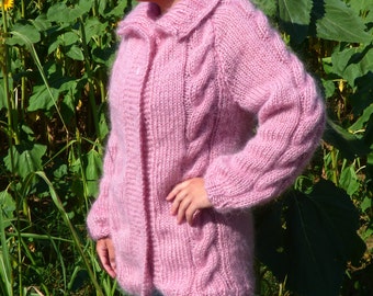 Hand Knit Mohair Cardigan,Handmade Cable Thick Sweater