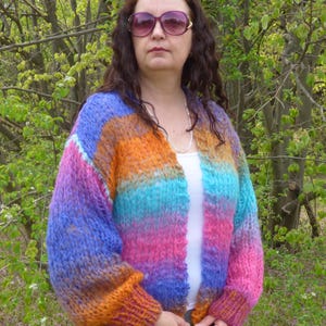 Mohair and Wool Cardigan Women Multicolor Chunky Sweater Striped Knit Soft and Fuzzy
