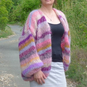 Mohair Cardigan Women Striped Knit ,Chunky Sweater Multicolor,Soft and Fuzzy