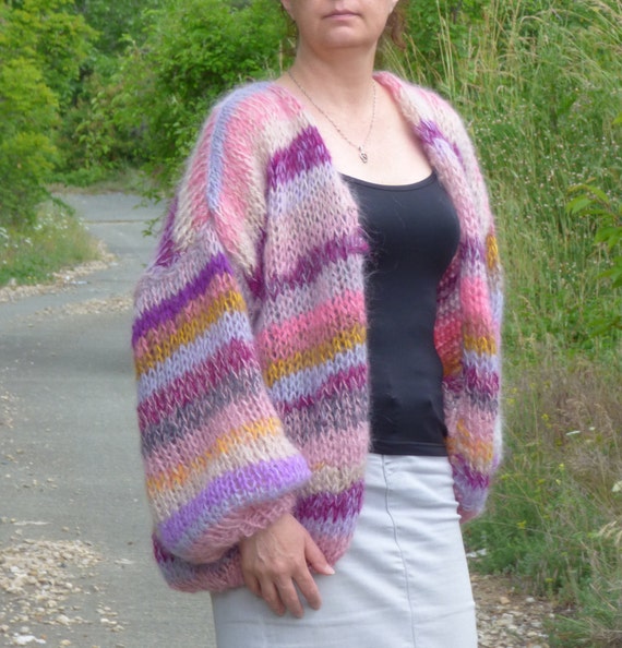 Mohair Cardigan Women Striped Knit ,chunky Sweater Mohair Cardigan Women Striped Knit ,chunky Sweater