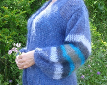Mohair Cardigan Striped Knit,Chunky Sweater with Balloon Sleeve
