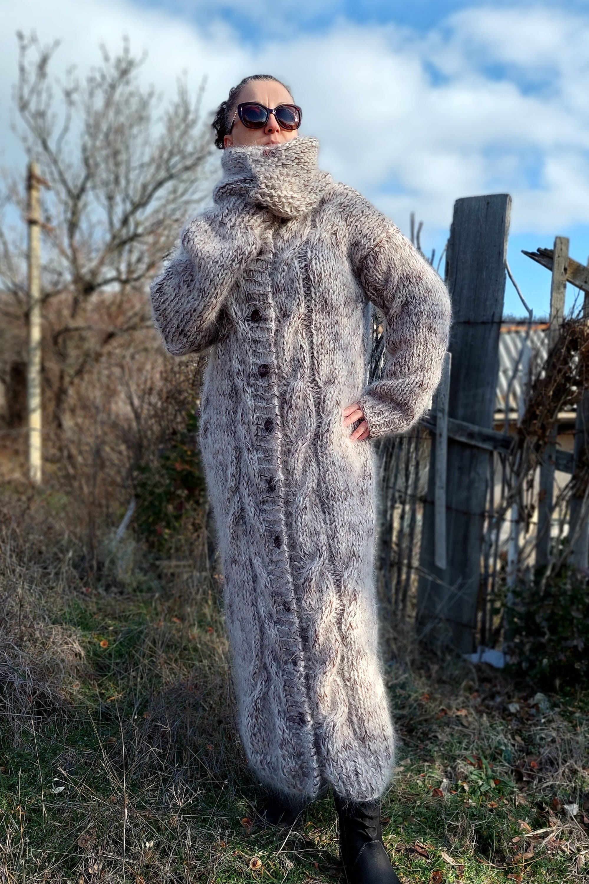4 Strands Mohair Cardigan Turtleneck Long ,chunky Hand Knit