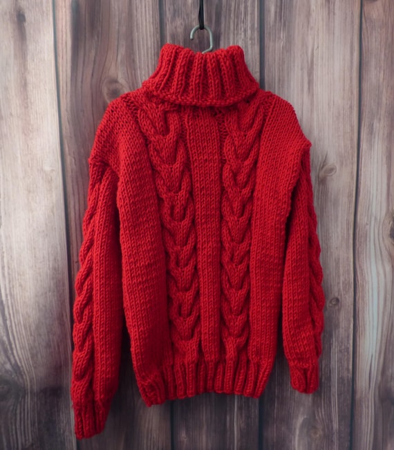 Hand Knit Wool Sweater Men Cable Turtleneck Pulloverthick and