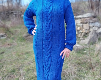 Wool Sweater Dress Turtleneck Handknit Chunky Thick Long Dress Cable Knit