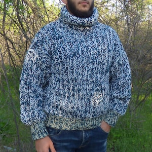 Wool and Mohair Sweater Men Thick and Chunky Turtleneck Pullover Melange Handknit Ribble Jumper