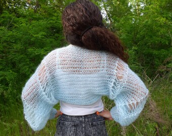 Hand Knit Bolero Mohair Cardigan Handmade Shrug Long Sleeves in Light Blue