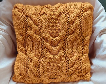 Hand Knit Cable Knit Pillow Cover: Mustard Yellow Wool, 16''