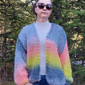 Mohair Cardigan Women Striped Knit ,Chunky Sweater Multicolor,Soft and Fuzzy