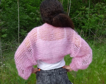 Hand Knit Mohair Bolero Handmade Shrug Cardigan Summer Long Sleeves in Pink