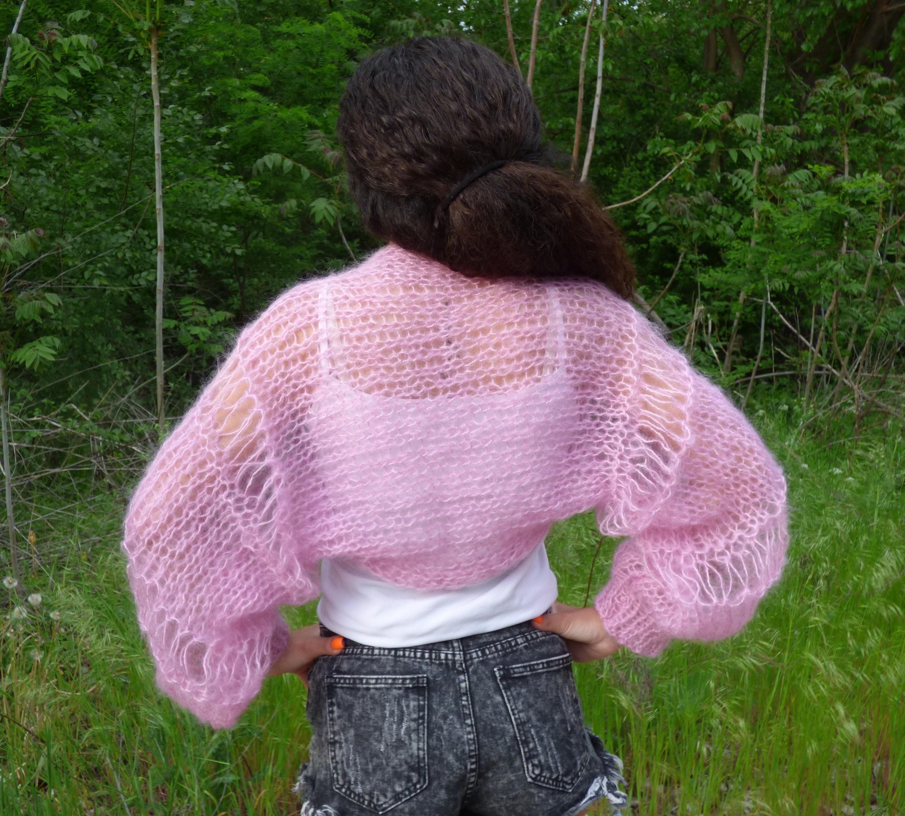 Hand Knit Mohair Bolero,Handmade Shrug,Long Sleeves in Pink