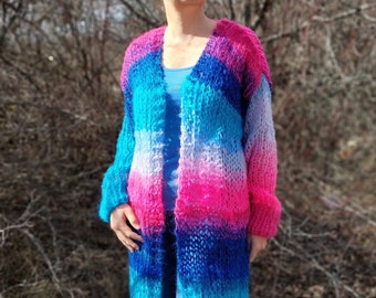 Mohair Cardigan Rayé Tricot, Chunky Thick Sweater Multicolor, Balloon Sleeve