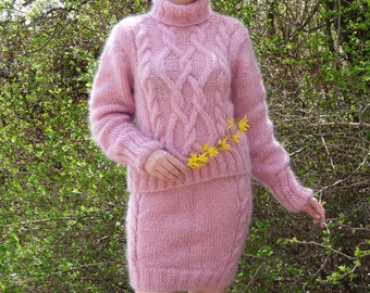 Mohair Sweater Turtleneck & Skirt,Handmade Cable Suit