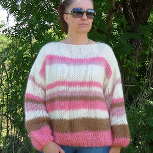 Mohair Sweater Women Striped Knit ,Hand Knit Chunky Pullover