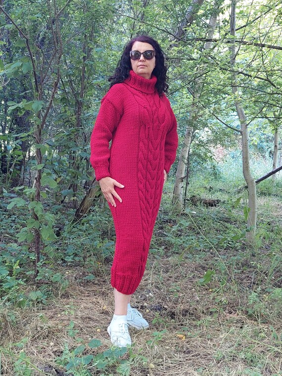 Vestido de lana con cuello alto grueso y grueso tejido de ochos vestido tipo sueter largo en rojo Etsy Espana
