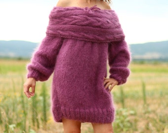 Thick Mohair Sweater Hand Knit ,Handmade Chunky Dress Big Neck