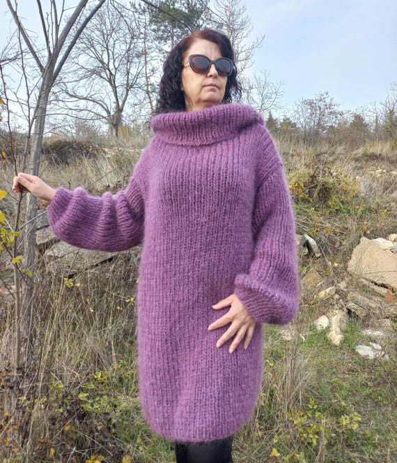 Mohair Kleid Rollkragen Handgestrickter grobstrick Pullover Frauen