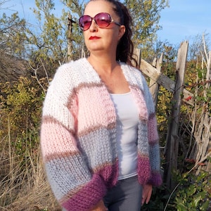 Mohair Cardigan Women Striped Knit ,Chunky Sweater Multicolor,Soft and Fuzzy in Boho Style