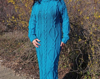 Handmade Wool Cable Knit Turtleneck Sweater Dress - Blue