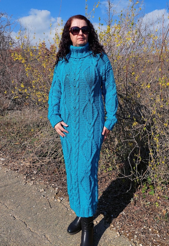 Handmade Wool Cable Knit Turtleneck Sweater Dress - Blue