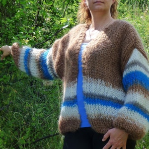 Mohair Cardigan Gestreift, Handgestrickter grobstrick Pullover, Ballon Ärmel