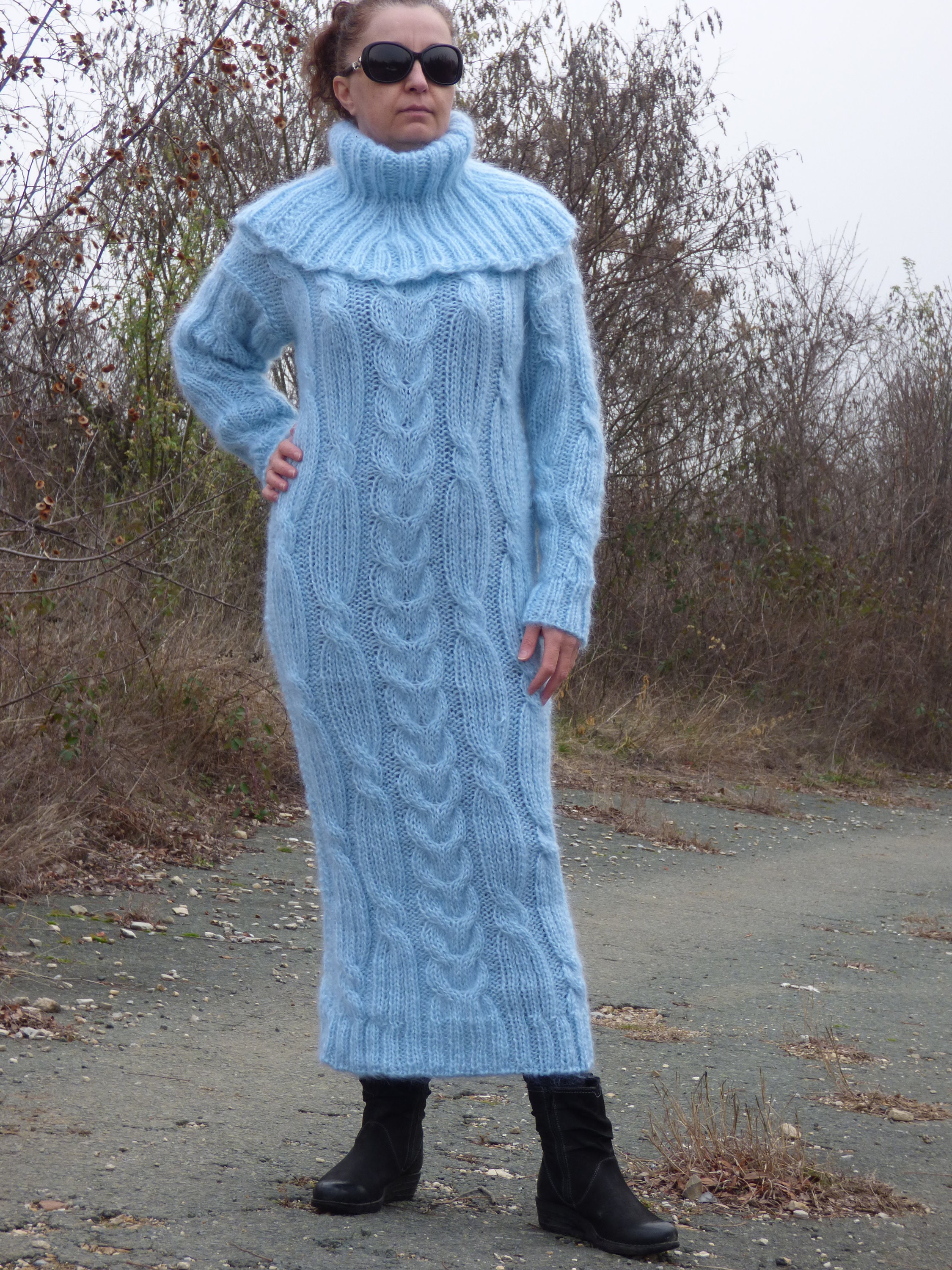 Mohair Dress Cable Knit Long Turtleneck,handmade Long Chunky Sweater - Etsy