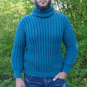 Wool Sweater Men Turtleneck Thick and Chunky Pullover Ribble Handknit READY TO SHIP