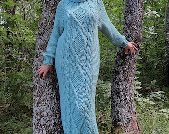 Wool Dress Chunky Cable Knit,Thick Long Sweater Dress Turtleneck,READY TO SHIP