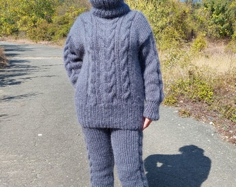 Mohair Sweater Turtleneck and Pants,Hand Knit Cable Suit,Thick and Fuzzy Pullover Set