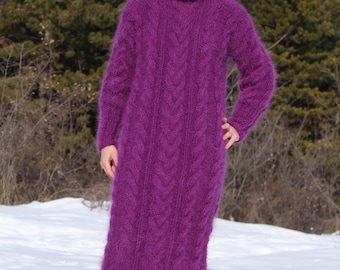 Thick Mohair Dress Turtleneck,Hand Knit Cable Long Chunky Sweater