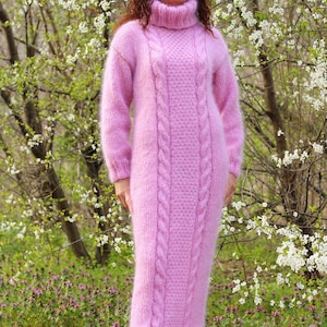 Mohair Dress Turtleneck Hand Knit Chunky Sweater Women Cable Pullover Mohair Thick Sweaterdress
