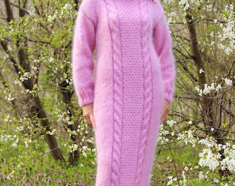 Mohair Dress Turtleneck Hand Knit Chunky Sweater Women Cable Pullover Mohair Thick Sweaterdress