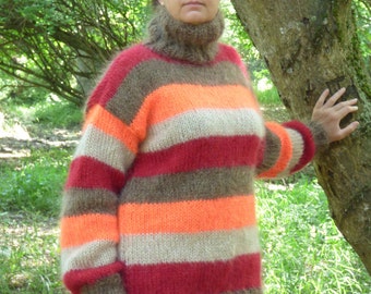 Thick Mohair Sweater ,Chunky Striped Knit Pullover in 4 colors