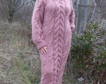 Mohair and Wool Dress Cable Knit Turtleneck,Handmade Long Chunky Sweater