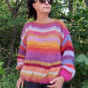 Mohair Sweater Striped Handknit Chunky Pullover Multicolor